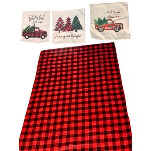 Red and‎ Black Buffalo Plaid Rectangular Christmas Tablecloth & 3 Pillows Cover